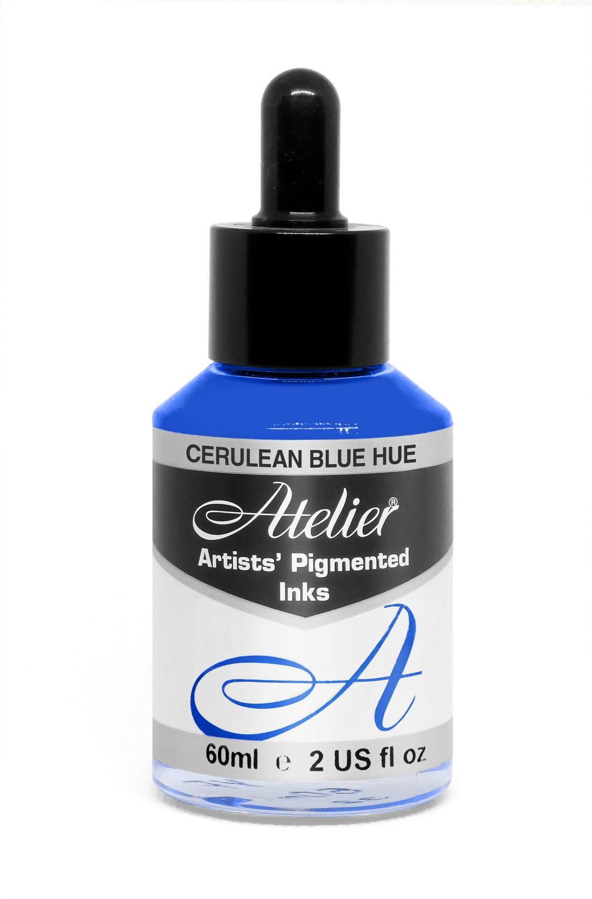 Vibrant cerulean blue ink in a 60ml bottle, perfect for artists and crafters for watercolor and mixed media projects.