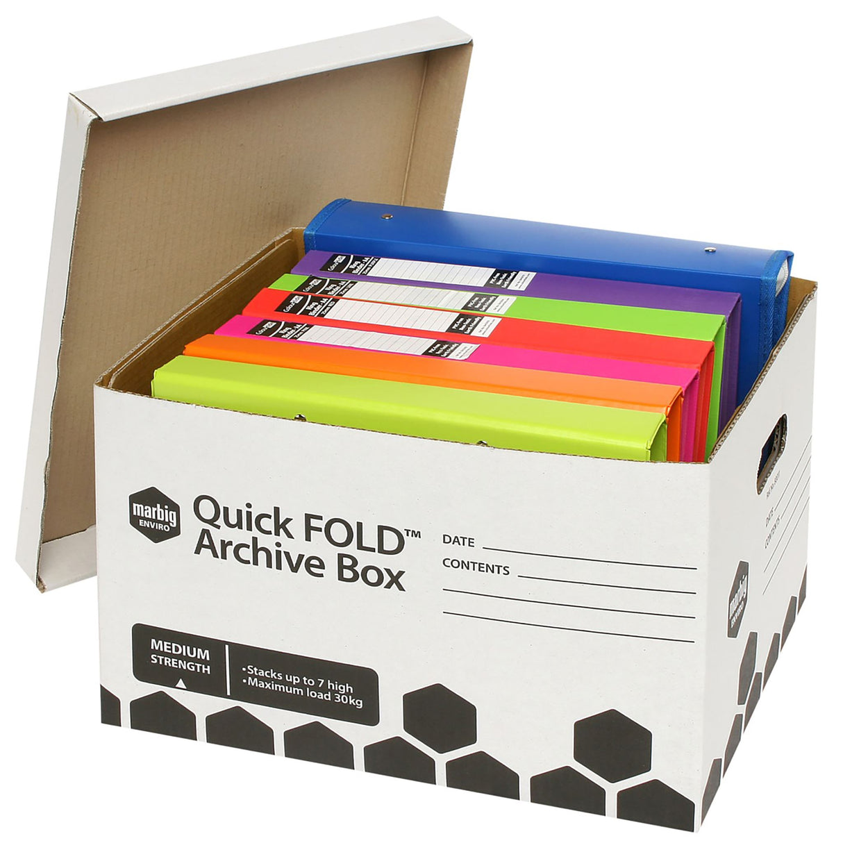 Marbig Archive Box Quickfold with Lid, designed for easy assembly and strong stacking, holds various document sizes securely.