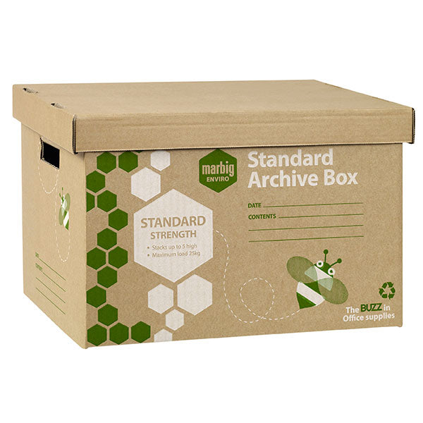 Pack of 20 Marbig Standard Archive Boxes, durable, stackable, and eco-friendly for organized document storage.