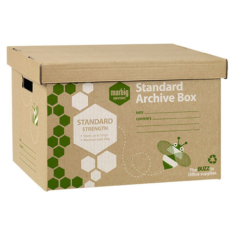 Pack of 20 Marbig Standard Archive Boxes, durable, stackable, and eco-friendly for organized document storage.