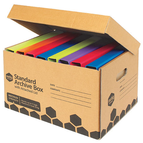Pack of 10 Marbig archive boxes with attached lids, designed for foolscap documents and eco-friendly storage.