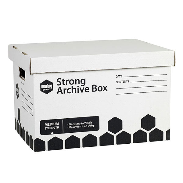 Marbig Strong Archive Box - Pack of 20, sturdy boxes for efficient document storage, holds various file types, max load 30kg.