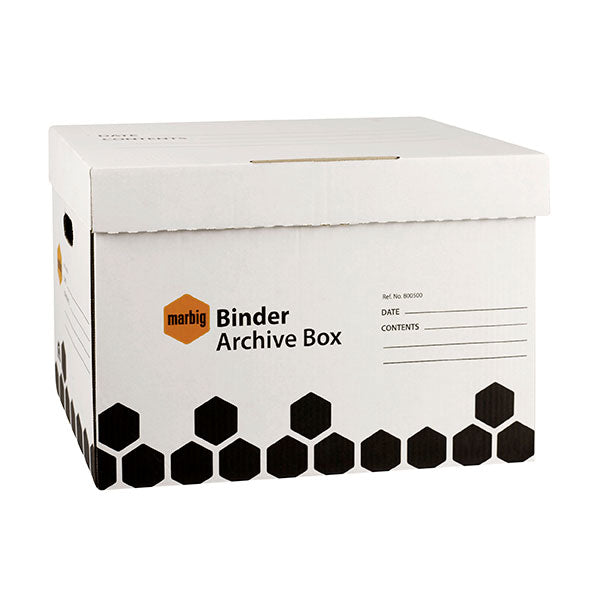 Durable Marbig Binder Archive Box pack of 5, ideal for organizing documents, holds 35Kg, stackable with hinged lids.
