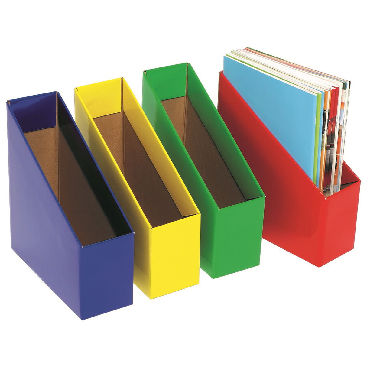 Large yellow book boxes pack of 5 for organizing books and magazines, perfect for home, classroom, and office use.