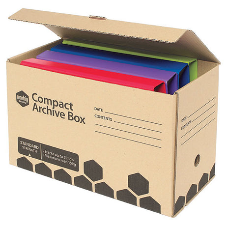 Set of 5 eco-friendly archive boxes for organizing documents, features hinged lids and holds foolscap folders.