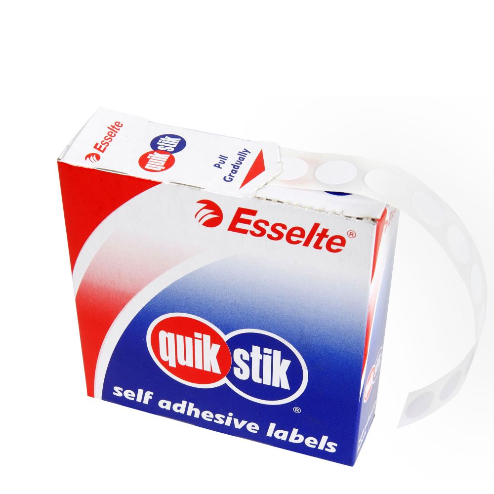 Quikstik Label Dispenser with 1400 circular white labels, each 11mm, ideal for efficient labeling and organization.