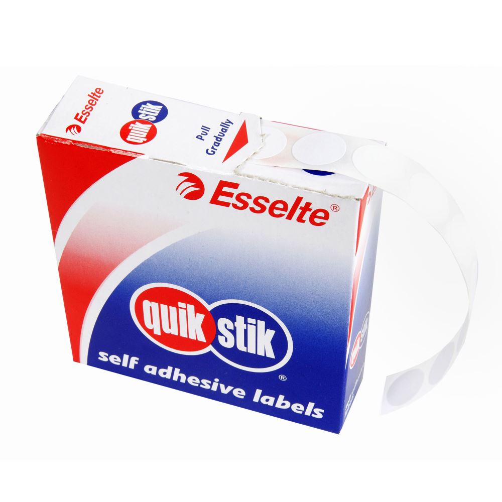 Quikstik Label Dispenser with 1200 white circular labels for easy color coding and identification on most fabrics.