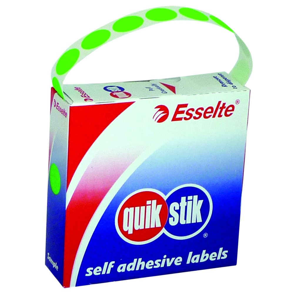 Quikstik Label Dispenser with 700 Fluoro Green 14mm circular labels for efficient labeling and organization.