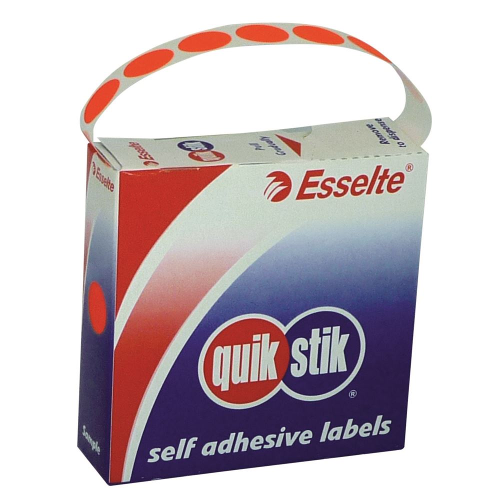 Quikstik Label Dispenser with 700 Fluoro Red 14mm circular labels for easy color coding and identification tasks.