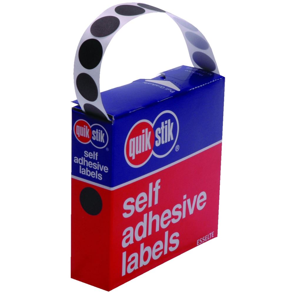 Quikstik 14mm black label dispenser with 1050 circular labels for efficient labeling and organization.