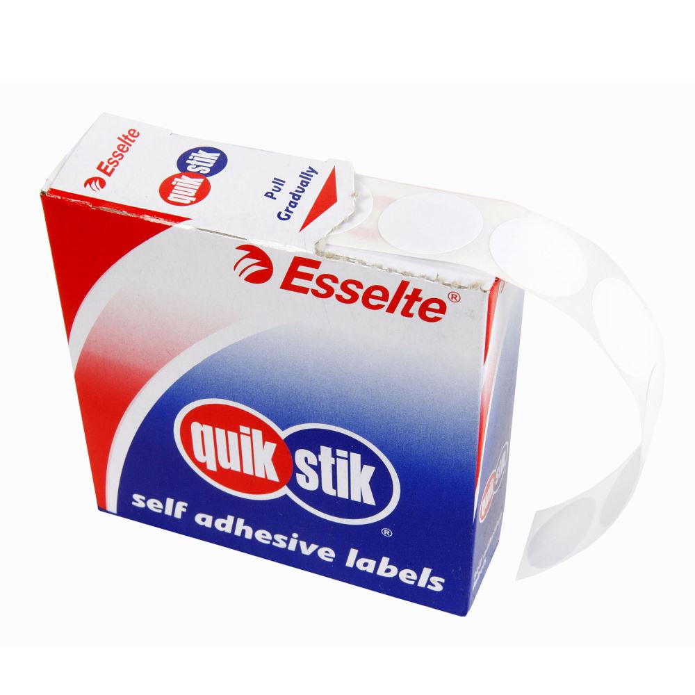 Quikstik Label Dispenser with 900 white circular labels for efficient labeling, removable adhesive, ideal for various applications.