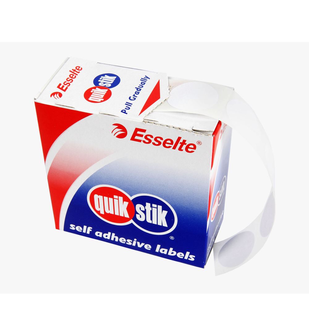 Quikstik Label Dispenser with 550 white circular labels, ideal for color coding and organization tasks.