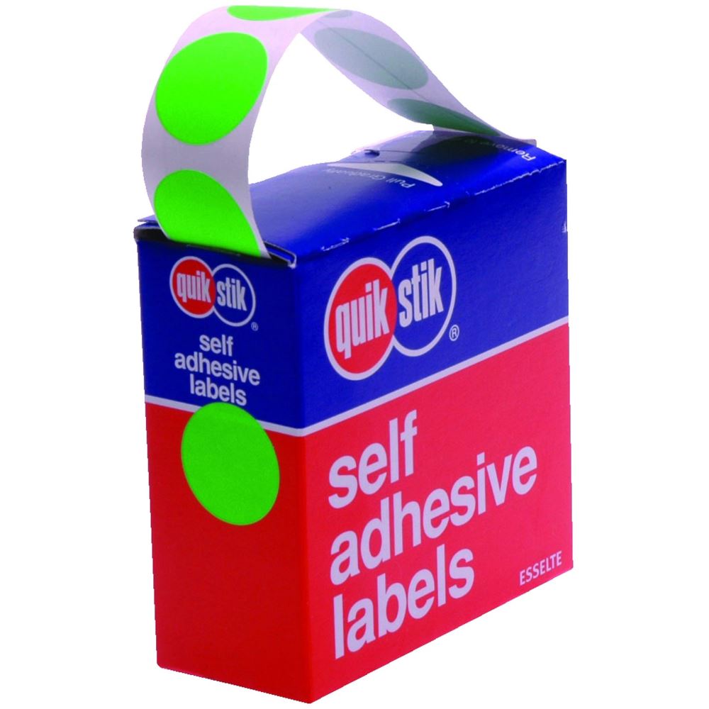 Fluoro green Quikstik label dispenser with 350 circular labels for easy color coding and inventory management.