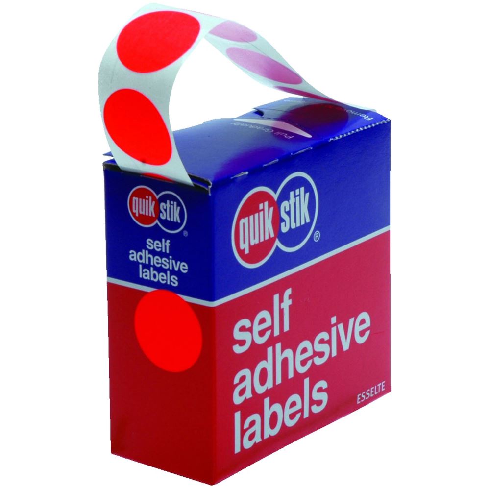 Quikstik Label Dispenser with 350 Fluoro Red circular labels for quick, efficient, and durable labeling solutions.