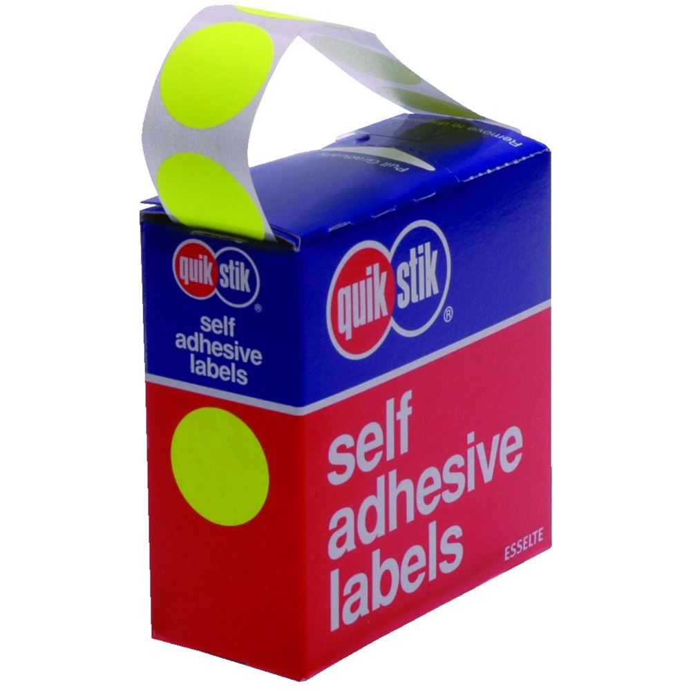 Quikstik label dispenser with 350 vibrant 24mm fluoro yellow circular labels for efficient labeling and organization.