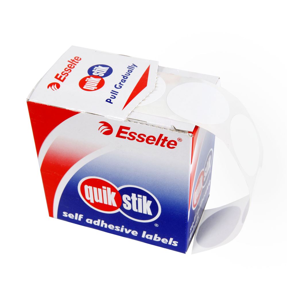 Quikstik 32mm white label dispenser with 350 circular labels for easy color coding and stocktaking application.