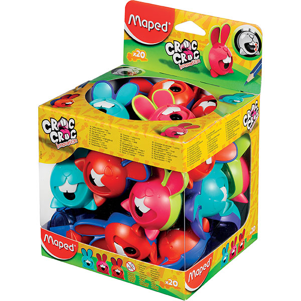 Pack of 20 Maped Croc Innovation sharpeners in vibrant colors, designed for smooth, chatter-free sharpening of pencils.