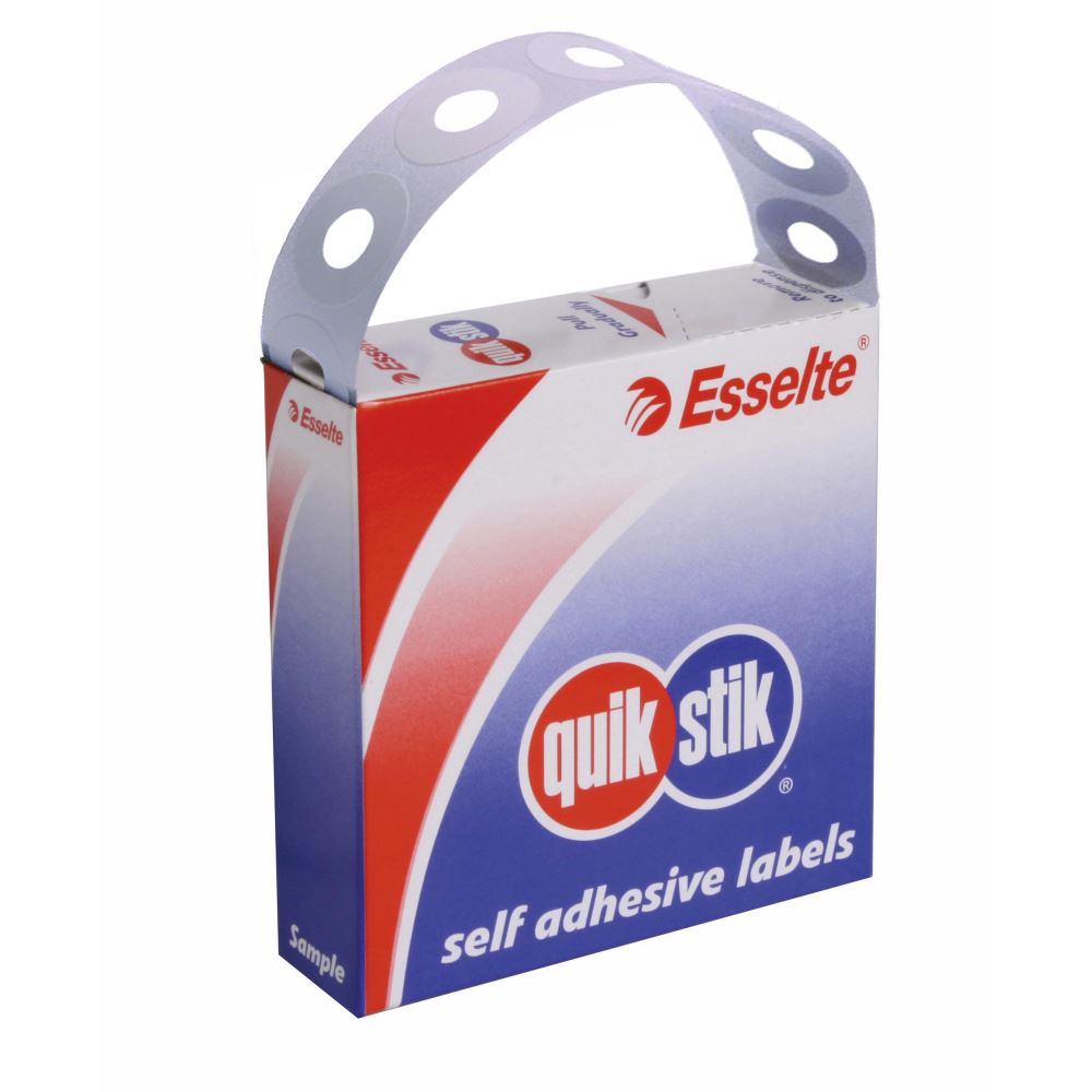 Quikstik white plastic eyelets with 500 labels for reinforcing paper holes, ideal for home, school, and office use.