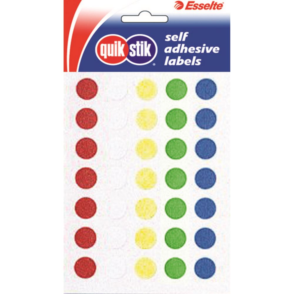 Assorted 14mm circular labels in various colors for home, classroom, or office organization, featuring permanent adhesive.