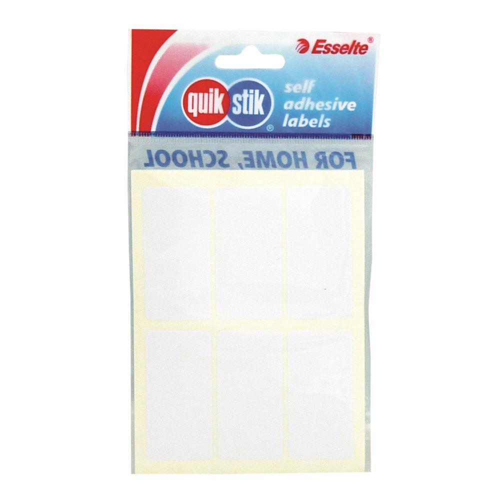 36 white Quikstik rectangular labels (24x49mm) for home, office, or classroom, featuring permanent adhesive for durability.