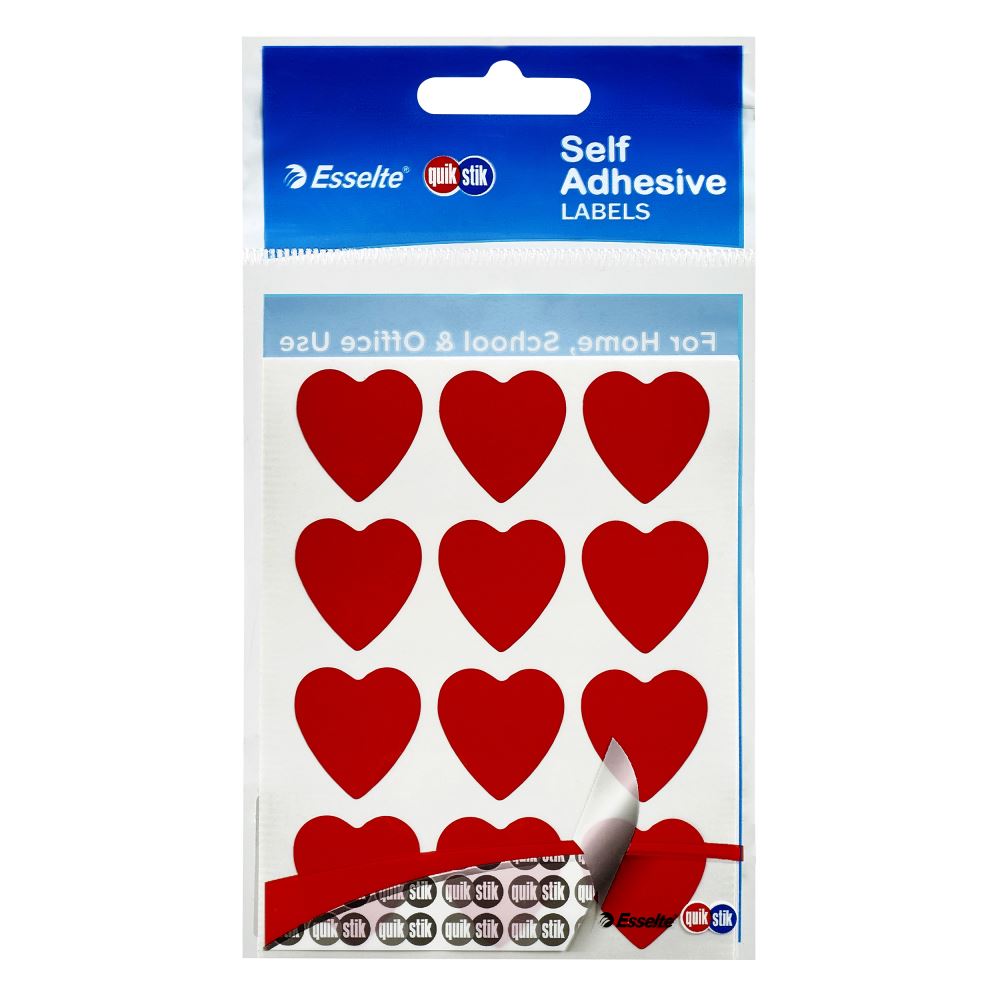Vibrant red heart-shaped labels from Quikstik, perfect for organizing and decorating with 48 durable, permanently adhesive options.