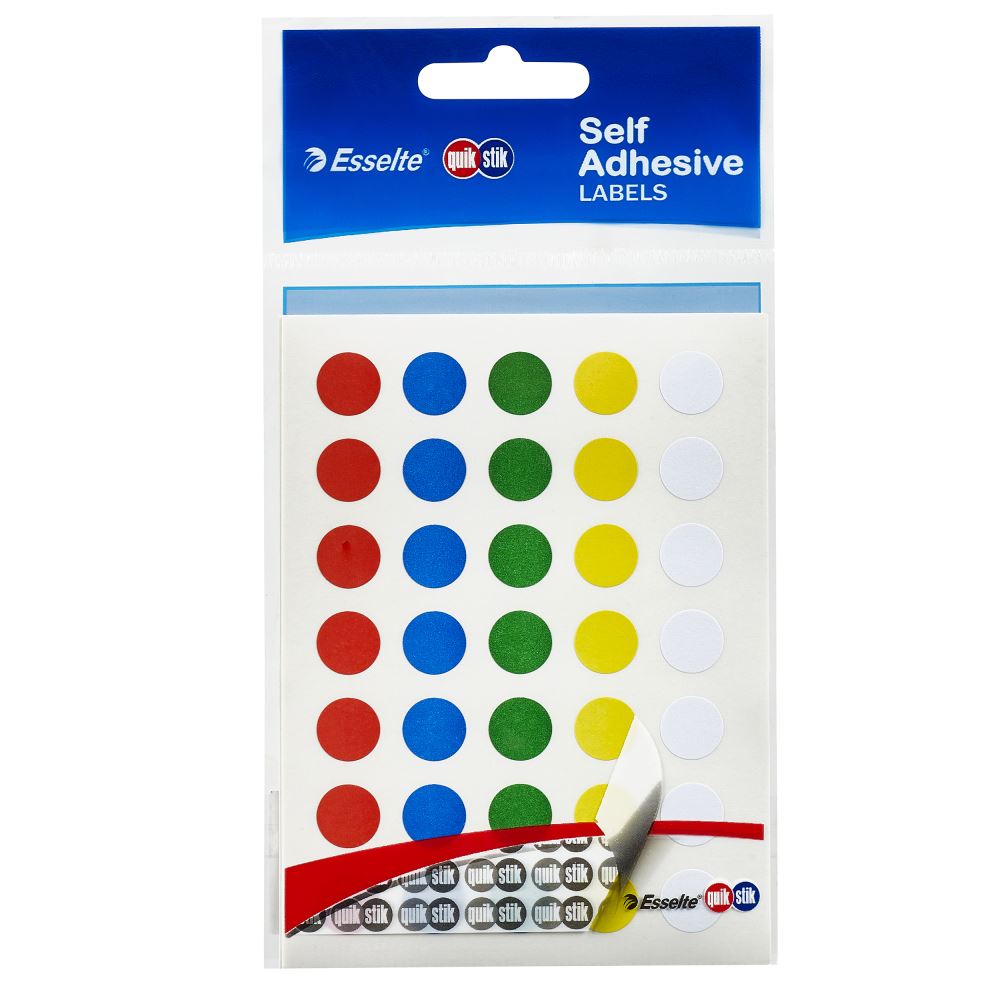 Assorted Quikstik 11mm circle labels, 245 count, ideal for organizing and crafting with permanent adhesive.