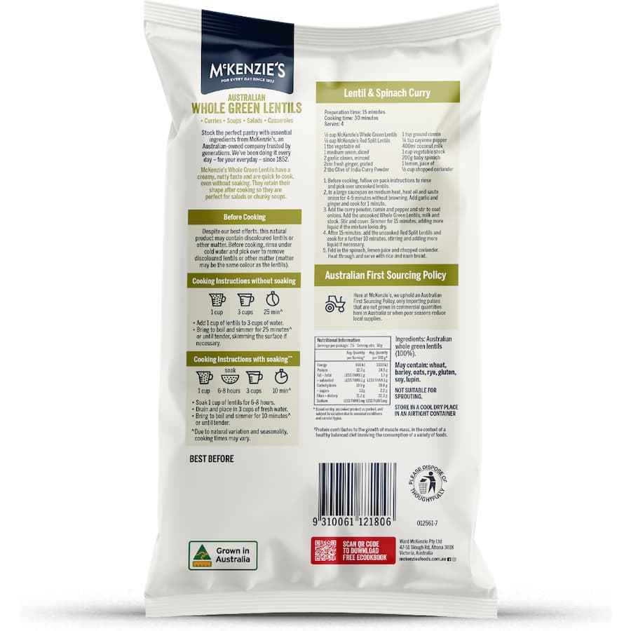 Mckenzie's Lentils Whole Green 375g