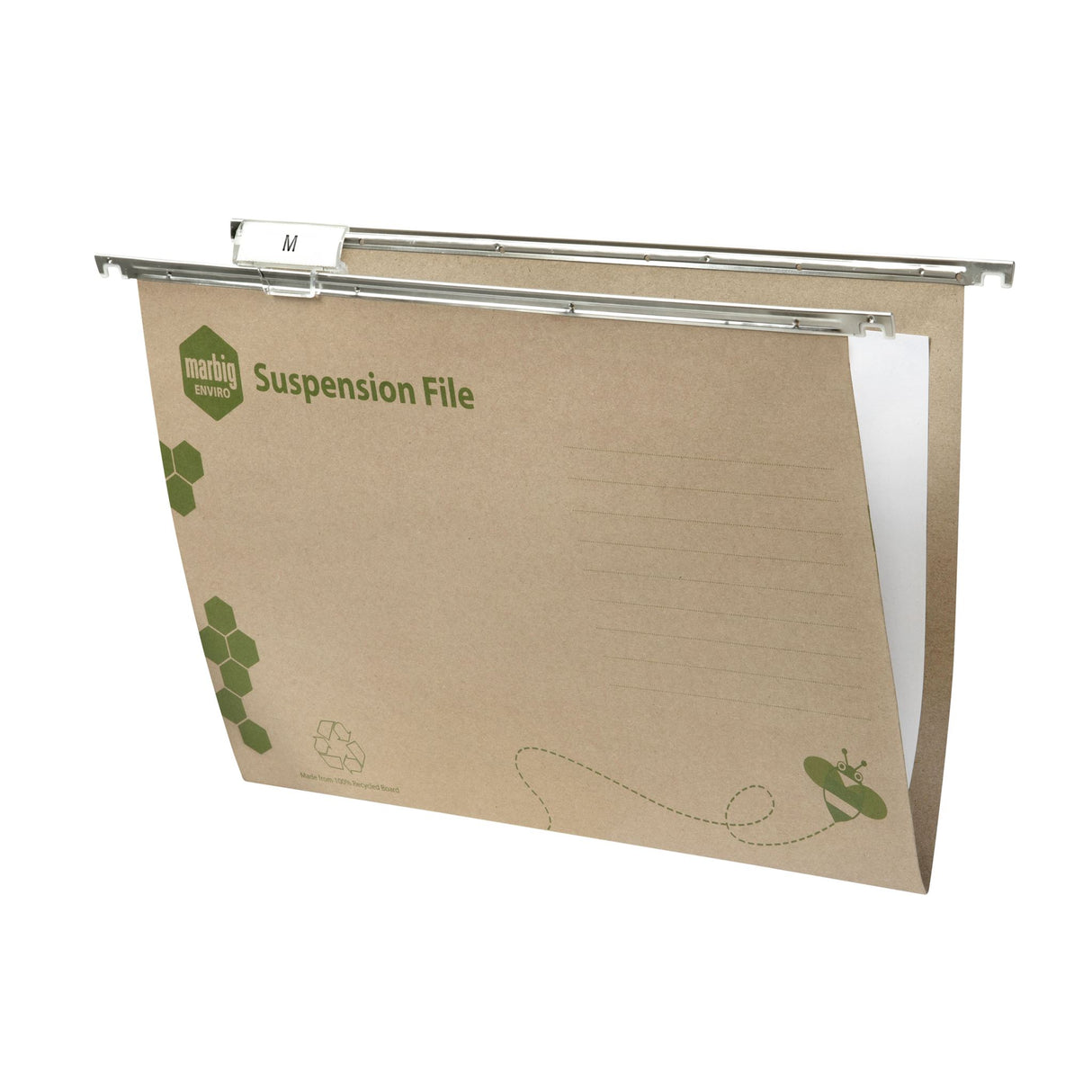 Eco-friendly pack of 10 Marbig Enviro suspension files made from 100% recycled board with smooth gliders and customizable tabs.