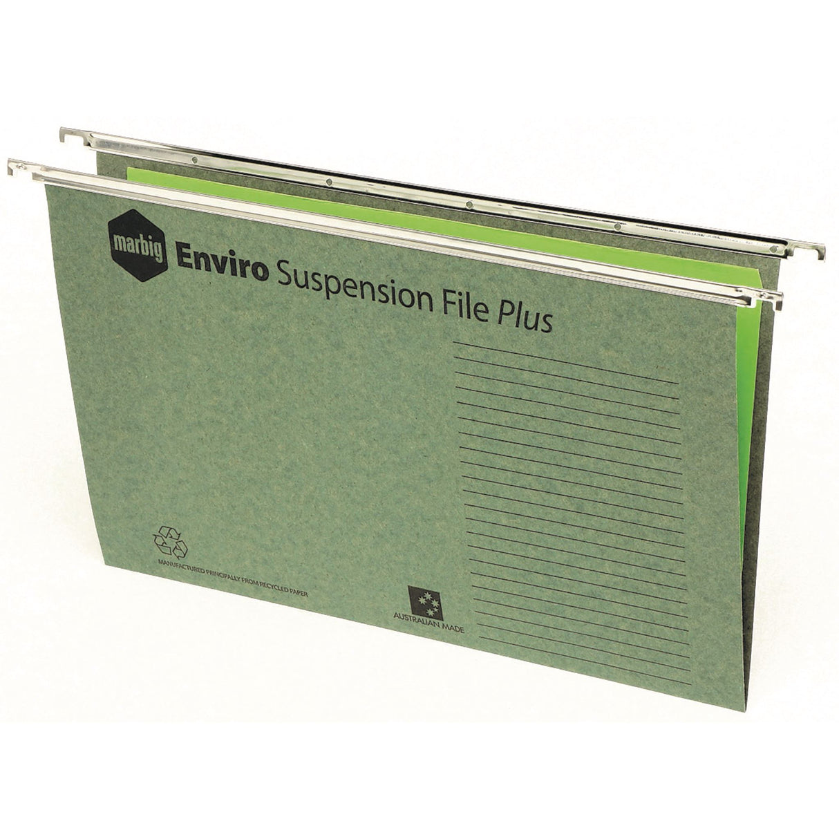 Green Marbig Suspension File Envro Plus box of 50, designed for smooth gliding and eco-friendly organization.