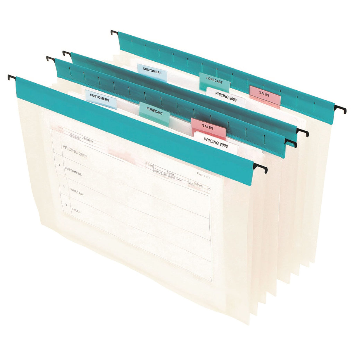 Marbig green suspension files with 3 pockets, made from durable polypropylene, ideal for efficient document organization.