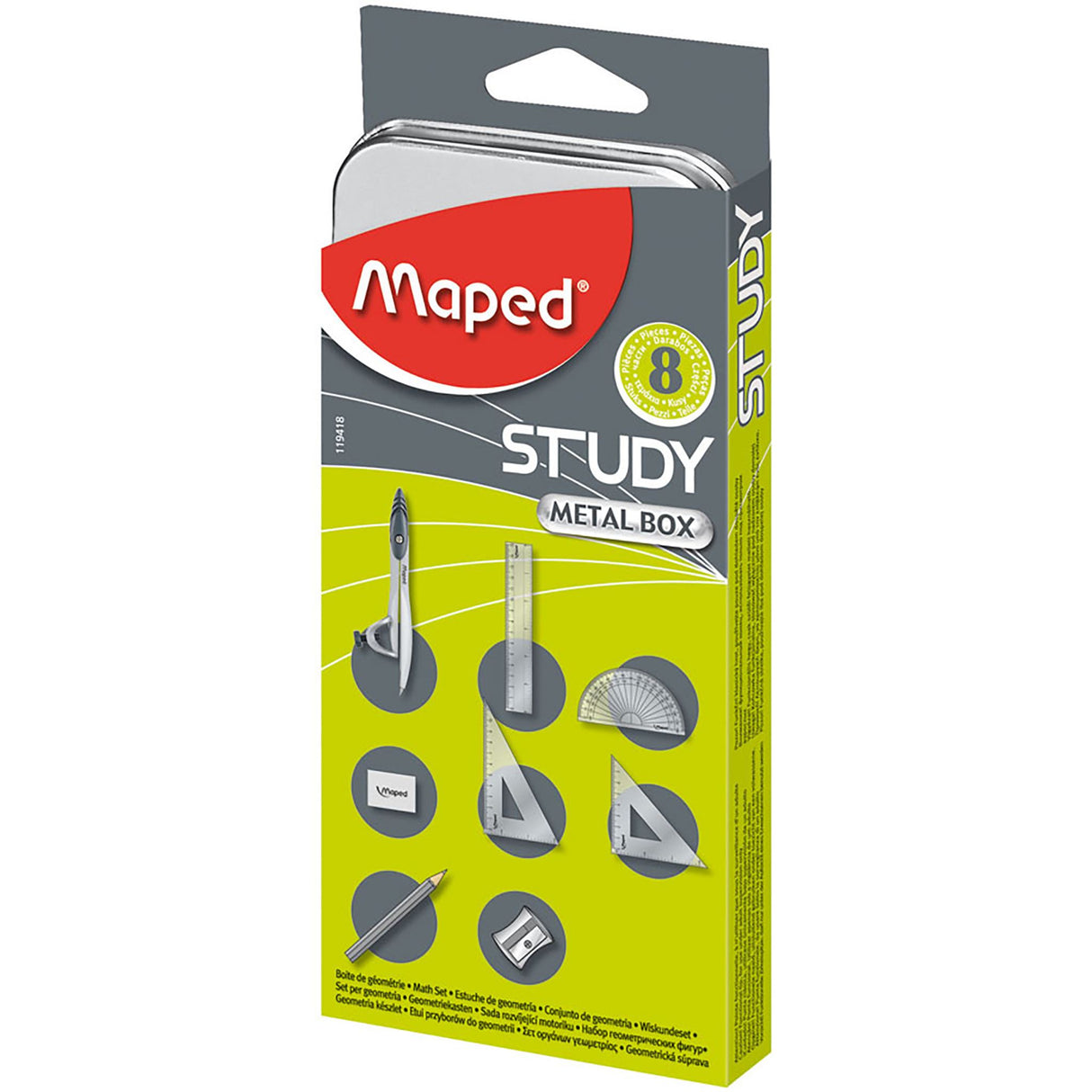 Maped Study Maths Set 8 Piece featuring compass, ruler, protractor, and tools for precise measurements in a metal storage tin.