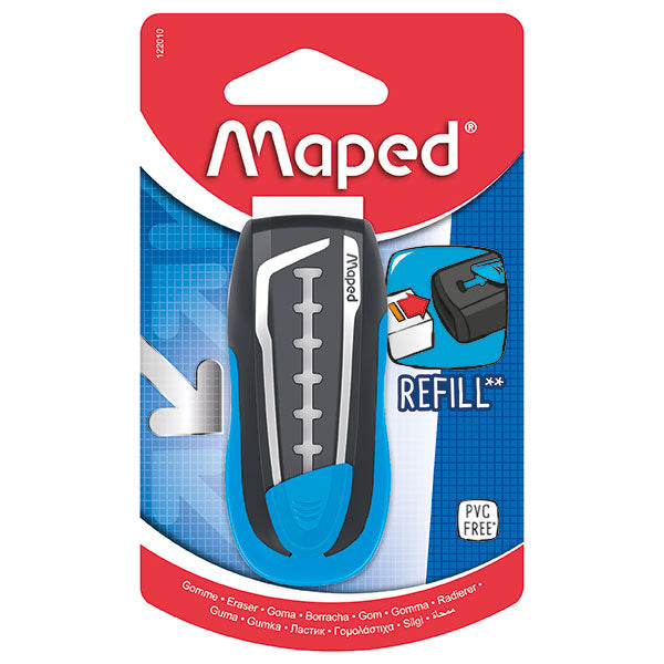 Maped Universal Gom Eraser, ultra-soft, PVC-free, ergonomic grip, ideal for students and artists, protective cover included.