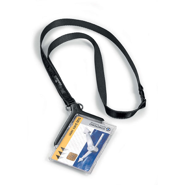 Elegant acrylic card holder with textile necklace, accommodating portrait and landscape cards for stylish ID display.