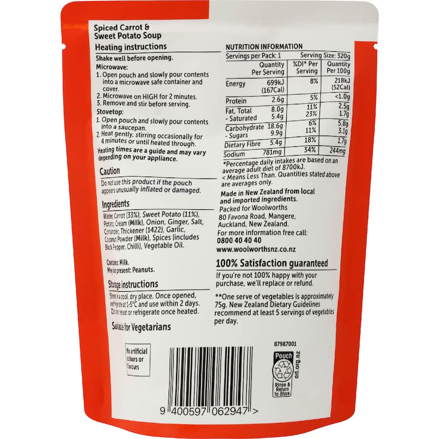 Woolworths Soup Carrot & Sweet Potato Pouch 320g