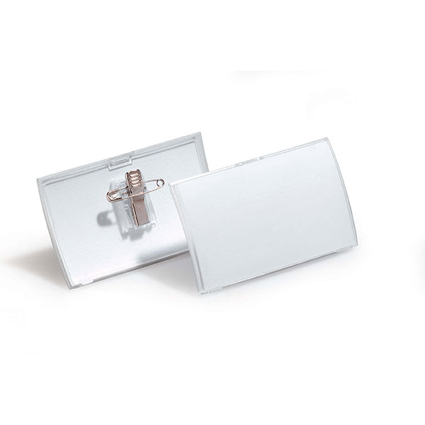 Durable convex name badge in PP with fold-open feature, includes combi pin/clip, fits 54 x 90 mm inserts, box of 25.
