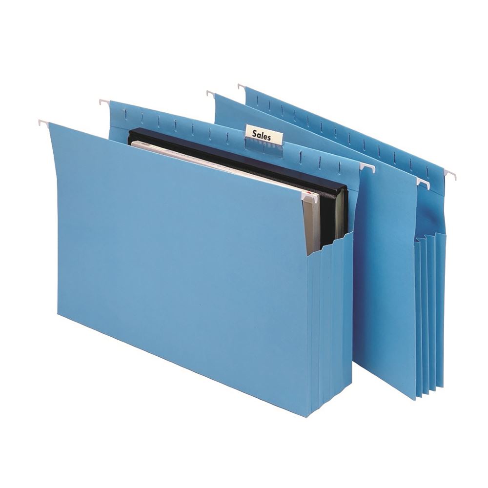 Marbig Expanding Blue Suspension Files with wide base, 90mm expansion, high sides, and labeling tabs for secure document storage.