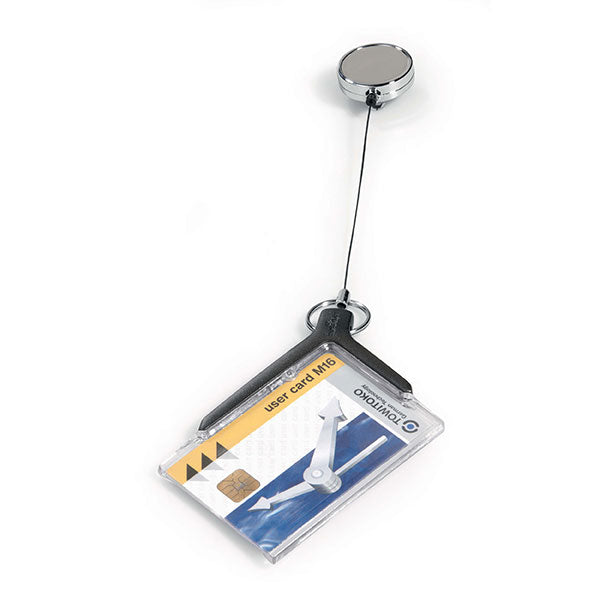 Durable Deluxe Pro Card Holder with chrome badge reel, featuring clear acrylic for displaying IDs in portrait or landscape.