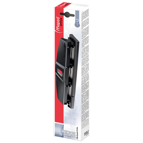 Maped Essentials 4 Hole Punch, 12 sheet capacity, accurate punches, easy confetti trap, anti-jamming design.
