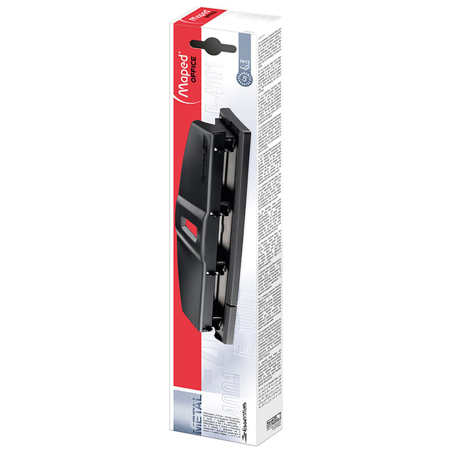 Maped Essentials 4 Hole Punch, 12 sheet capacity, accurate punches, easy confetti trap, anti-jamming design.