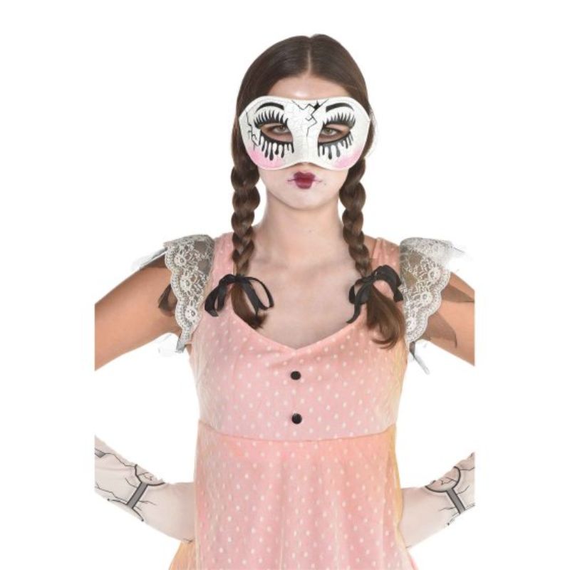 Creepy Doll Mask with haunting expression, ideal for Halloween costumes and spooky events, 25cm x 10cm adult size.