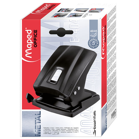 Maped Essentials Punch for 45 sheets; precise punches, easy confetti cleanup, space-saving design, and versatile size guide.