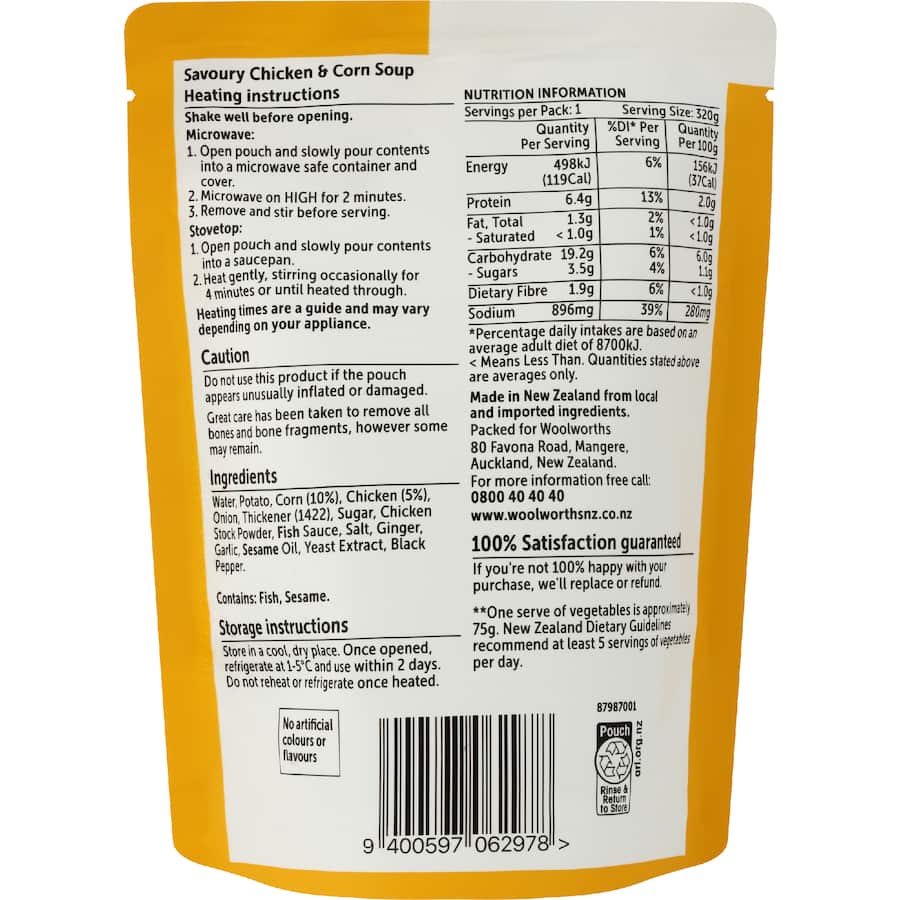 Woolworths Soup Chicken & Corn Pouch 320g
