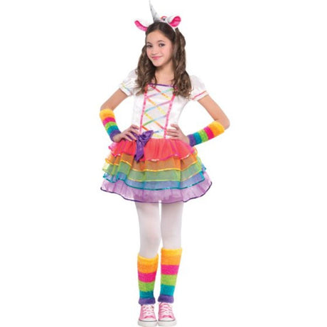 Colorful rainbow unicorn costume for girls, featuring a dress, fluffy tail, headband with horn, and warmers.