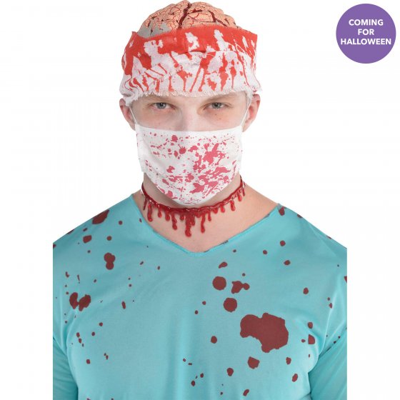 Adult-sized Bloody Surgeon Mask with gruesome blood-splattered design, perfect for Halloween and horror-themed events.