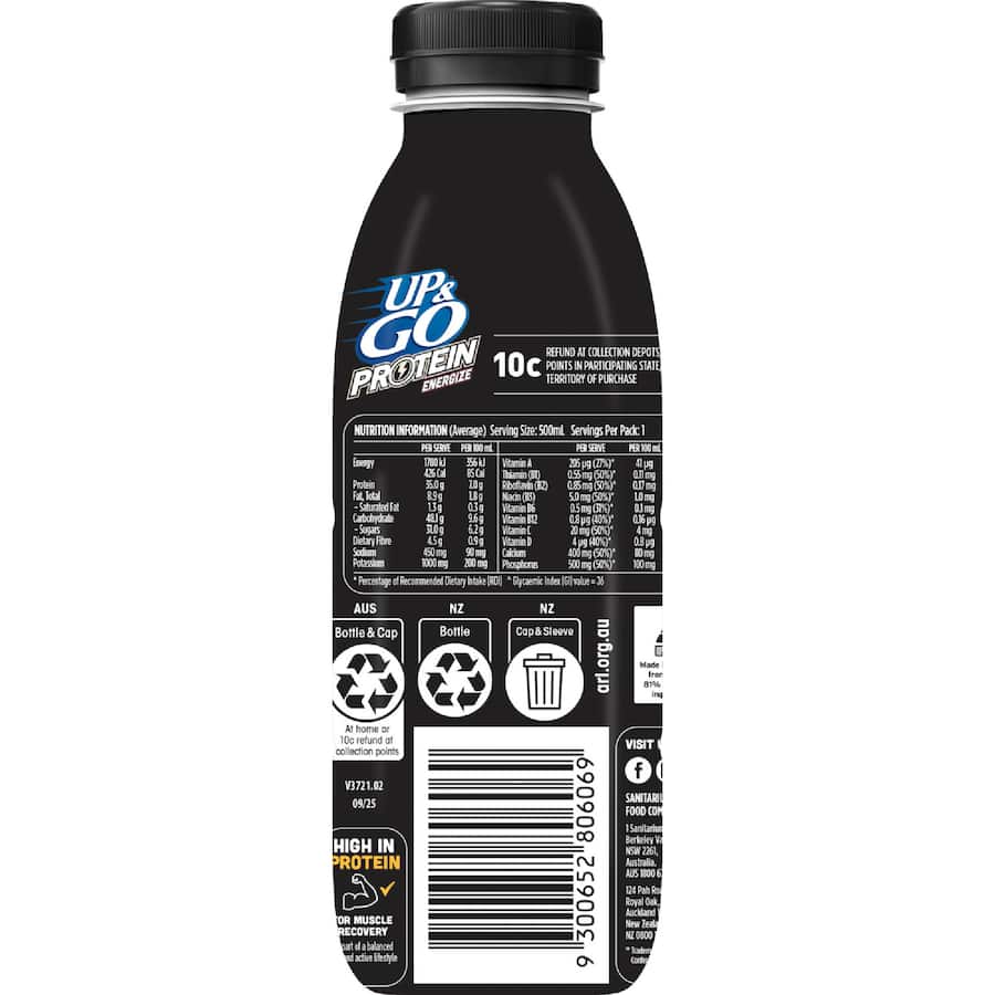 Sanitarium Up & Go Flavoured Milk Protein Energize Vanilla Bottle 500mL