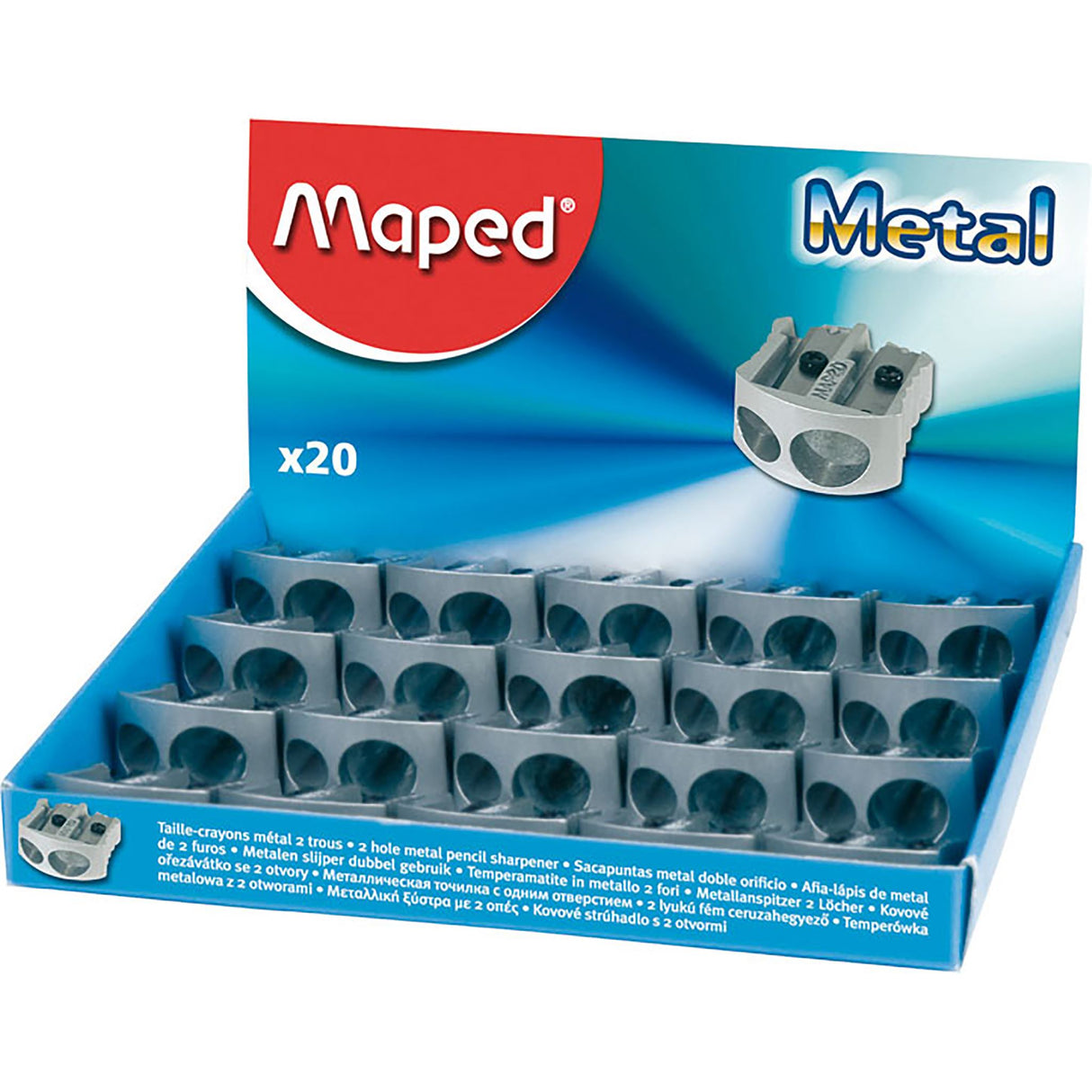 Pack of 20 Maped Classic 2 Hole sharpeners with durable metal, designed for precision and vibrant desk decor.