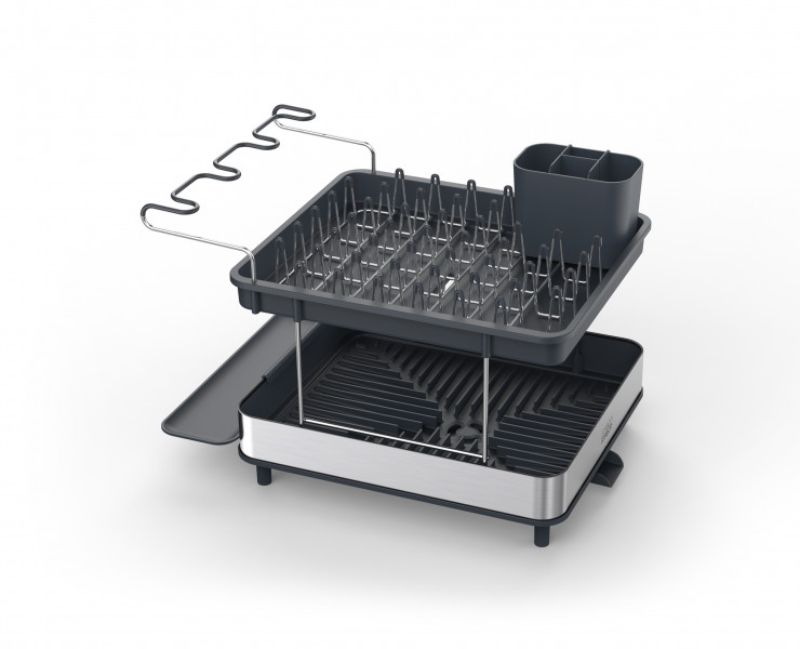 Joseph Joseph Steel 2-Tier Dish Rack, designed for efficient drying with wine glass holder and adjustable cutlery storage.