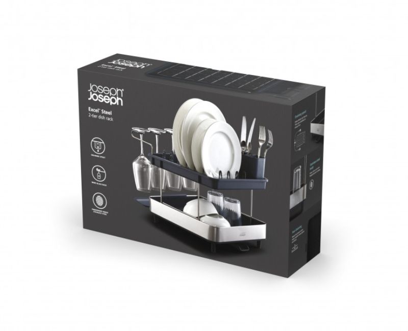 Joseph Joseph Steel 2-Tier Dish Rack with wine glass holder, compact design, adjustable cutlery holder, and efficient drainage.