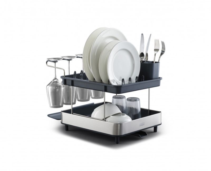 Joseph Joseph Steel 2-Tier Dish Rack with wine glass holder, adjustable cutlery holder, and integrated drain spout for efficient drying.