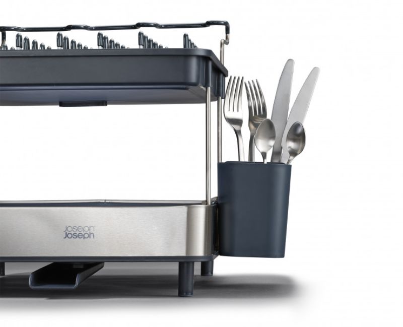 Joseph Joseph Steel 2-Tier Dish Rack with wine glass holder and adjustable cutlery holder for efficient dish drying.